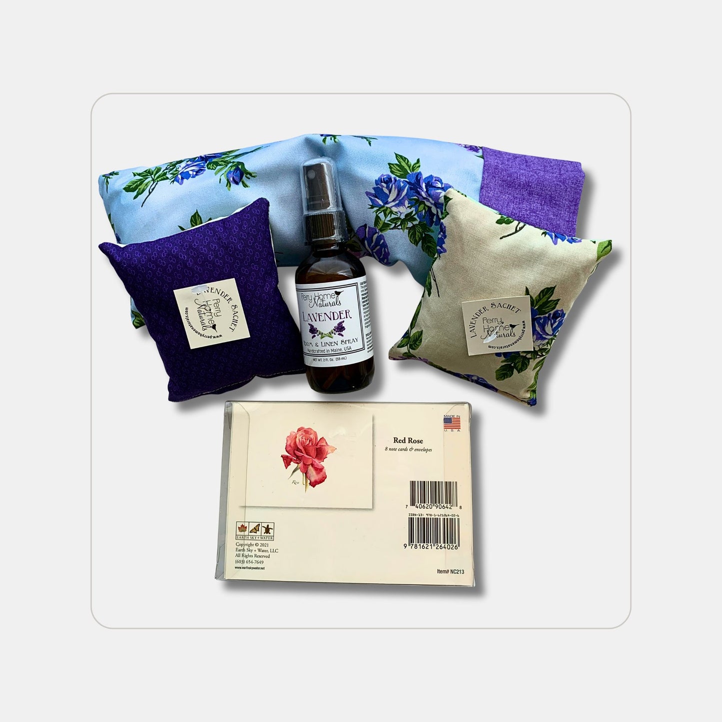 Lavender + Rose-Themed Gift Box – Eye Pillow, Lavender Sachets, Notecards & Room Spray
