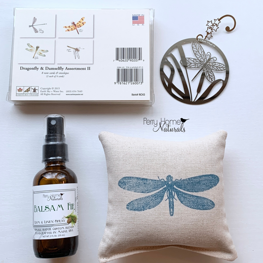Dragonfly Nature Themed Gift Set - Balsam Fir Scents, cards, and silver ornament