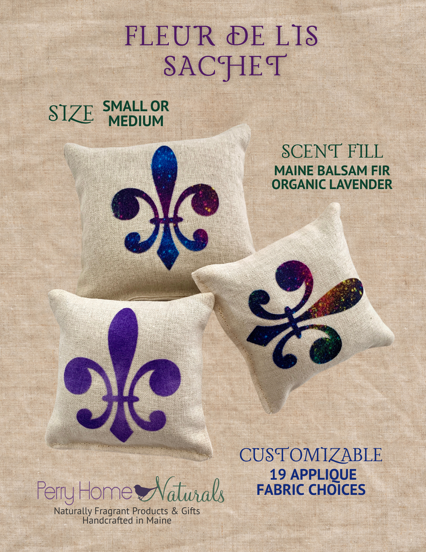Fleur de Lis Sachet – Handmade in Maine | Balsam Fir or Organic Lavender Fill