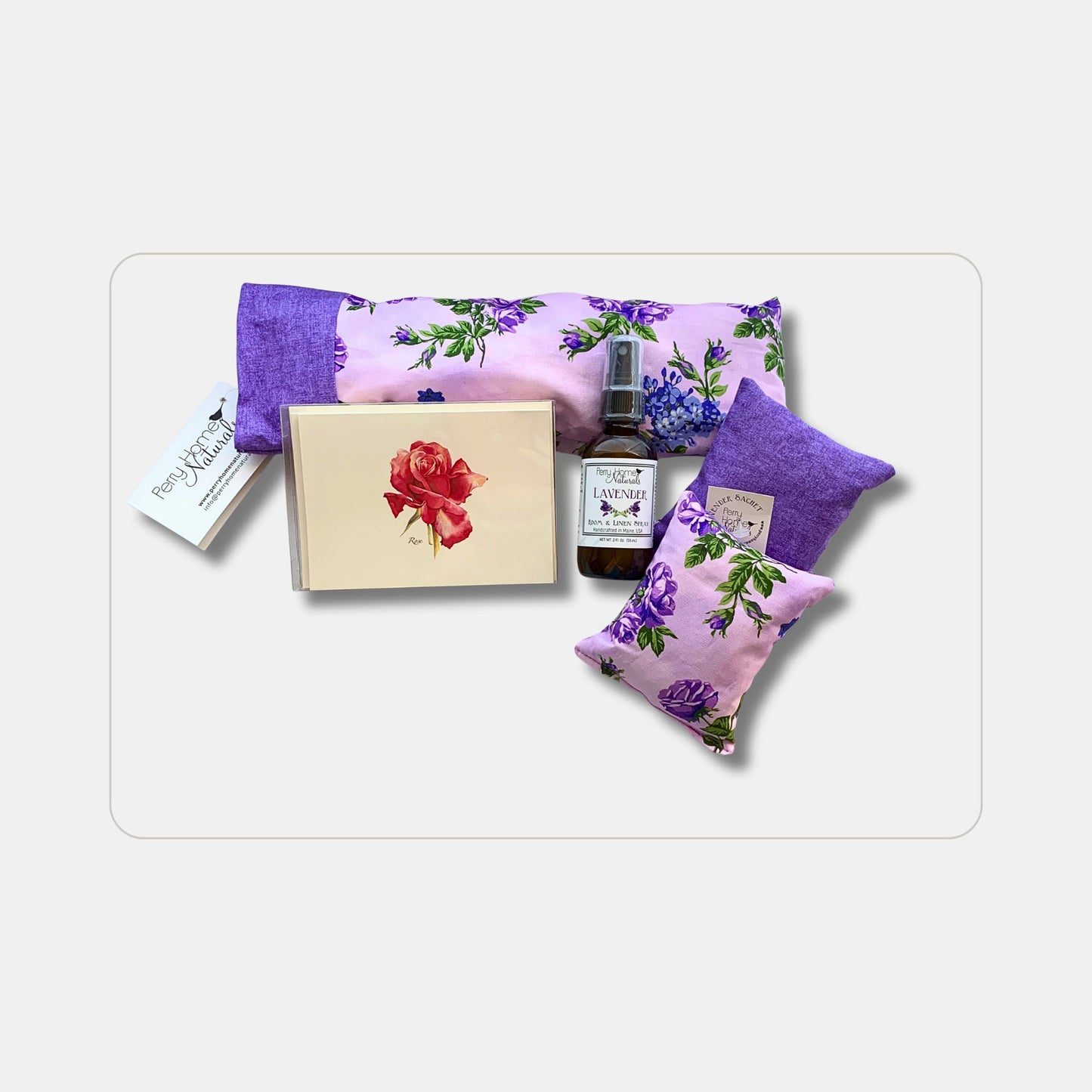 Lavender + Rose-Themed Gift Box – Eye Pillow, Lavender Sachets, Notecards & Room Spray