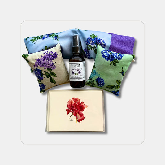Lavender + Rose-Themed Gift Box โ Eye Pillow, Lavender Sachets, Notecards & Room Spray
