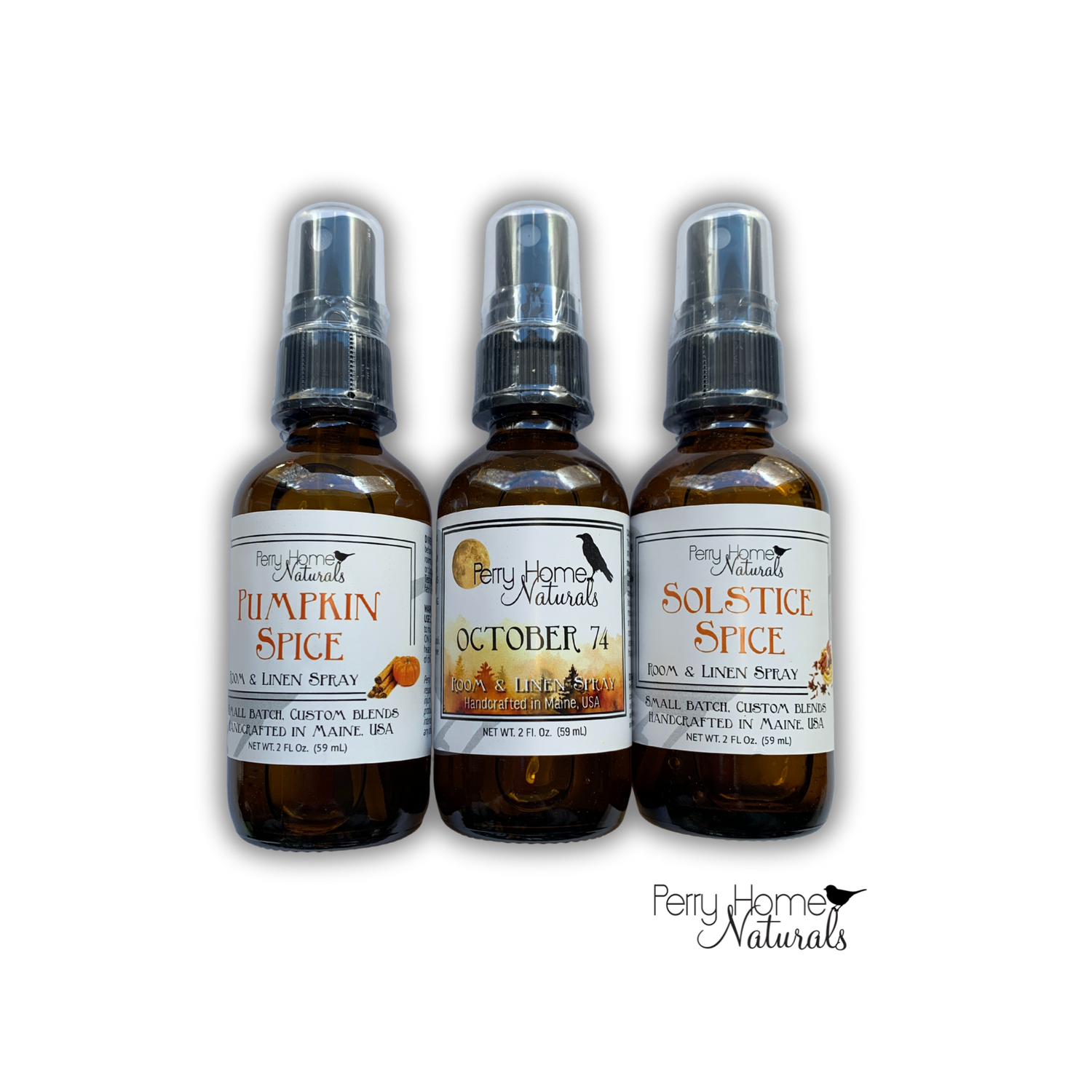 Handcrafted custom blend room and linen sprays by Perry Home Naturals. Made in Maine, USA.