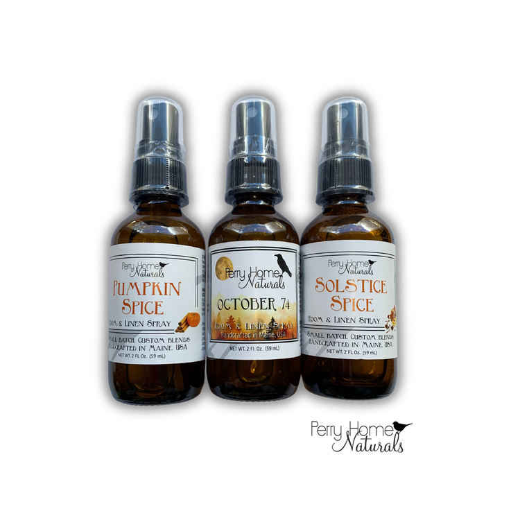 Handcrafted custom blend room and linen sprays by Perry Home Naturals. Made in Maine, USA. 