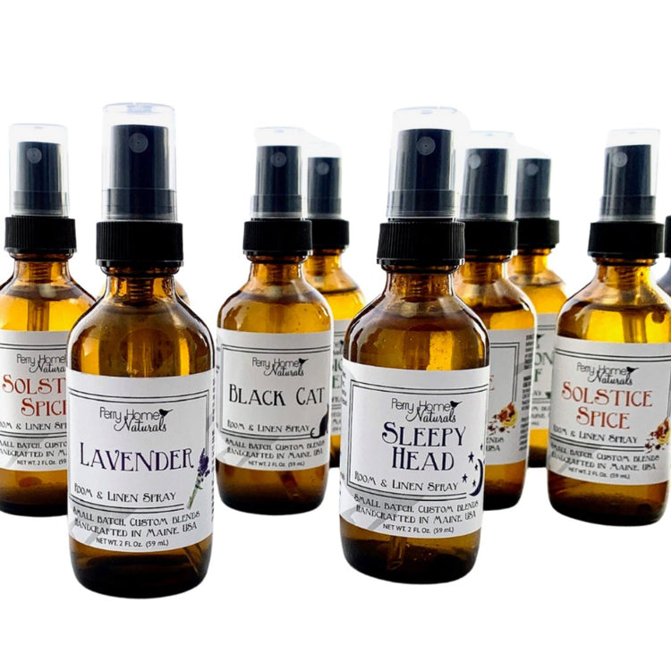 Handcrafted custom blend room and linen sprays by Perry Home Naturals. Made in Maine, USA. 