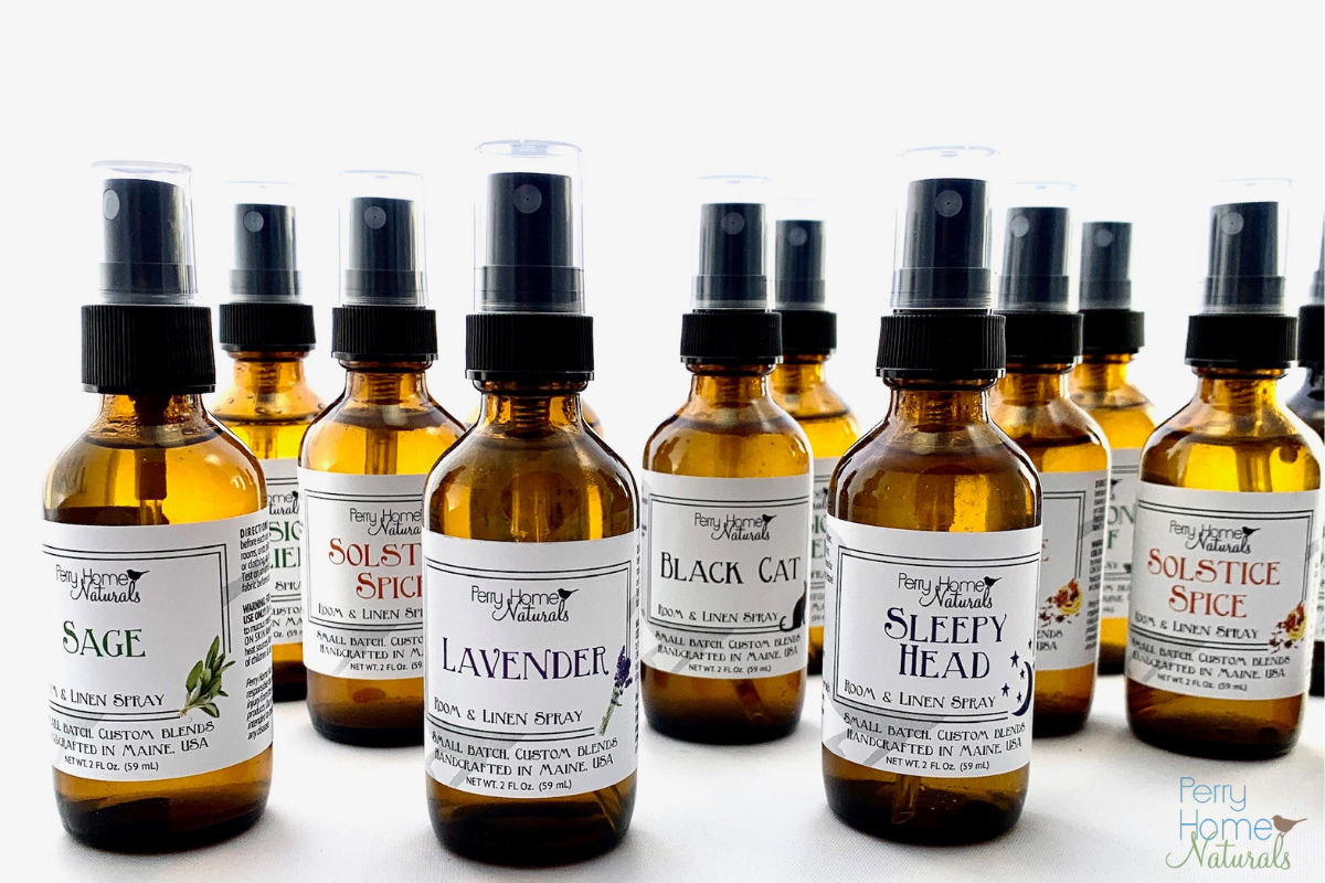 Handcrafted custom blend room and linen sprays by Perry Home Naturals. Made in Maine, USA. 