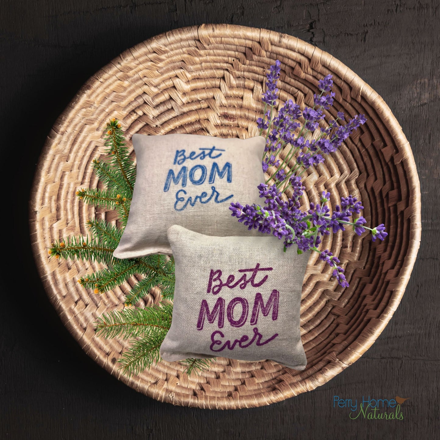 Best Mom Ever sachets lifestyle shot in basket with lavender