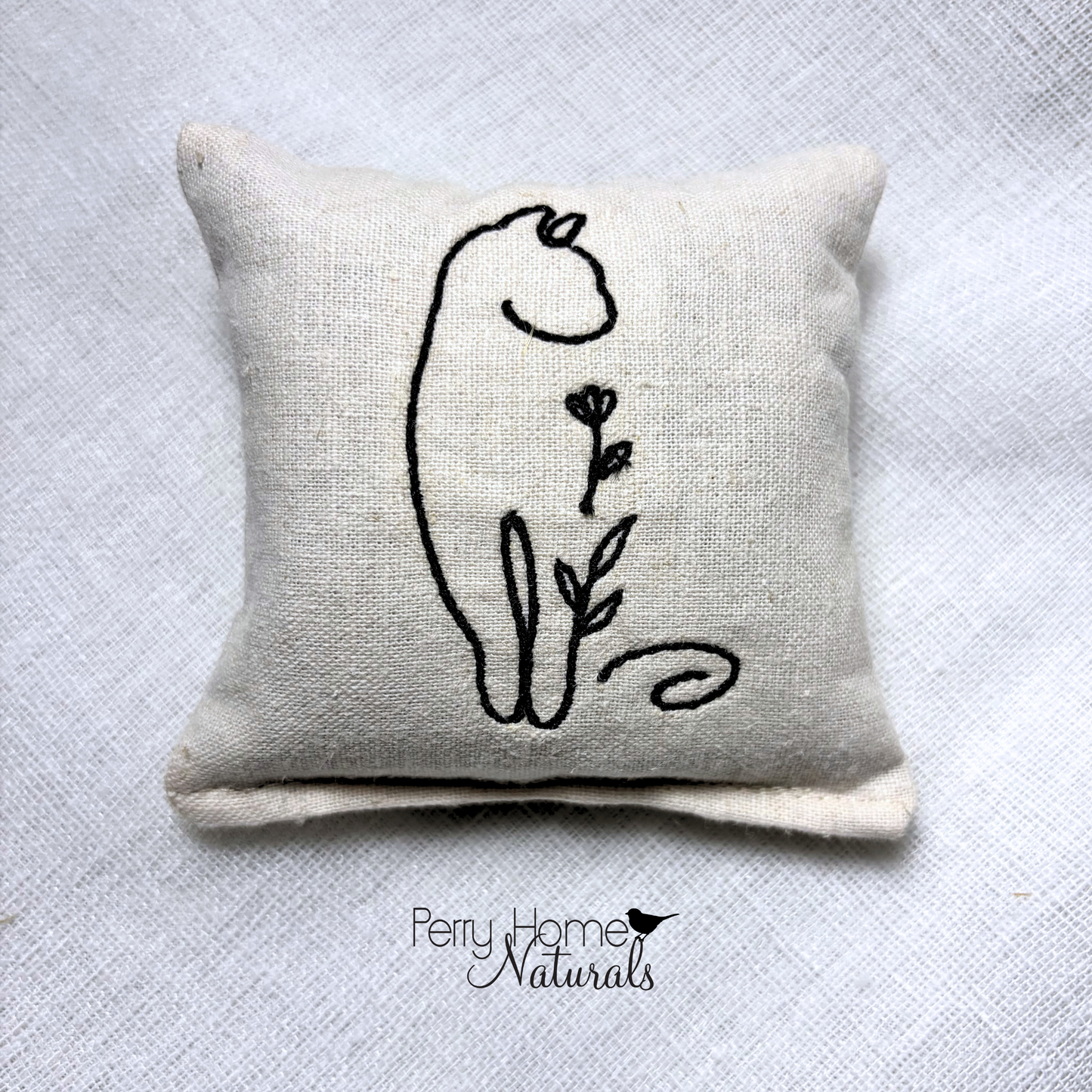 Cat & Flower Embroidered Linen Sachet