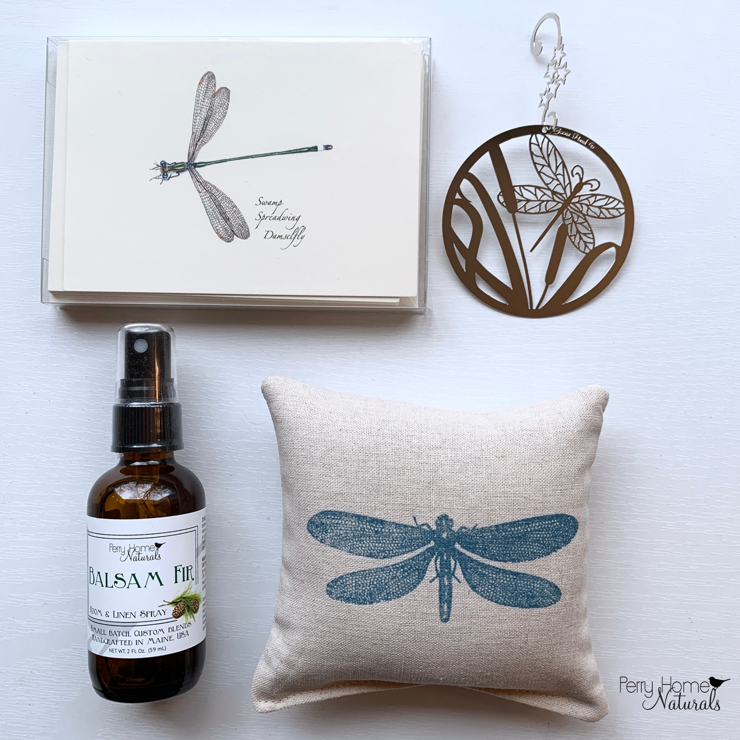 Dragonfly Nature Themed Gift Set - Balsam Fir Scents, cards, and silver ornament