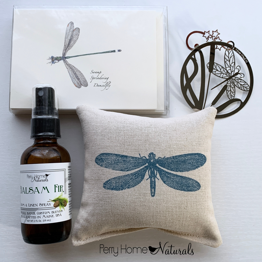 Dragonfly Nature Themed Gift Set - Balsam Fir Scents, cards, and silver ornament