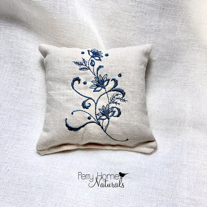 Flower Stem in Blue Embroidered Linen Sachet