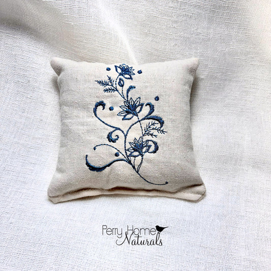 Flower Stem in Blue Embroidered Linen Sachet