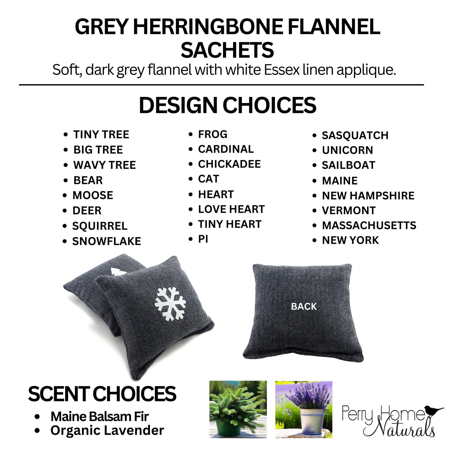 Specialty Sachets in Grey Herringbone Flannel- Choice of Design & Scent