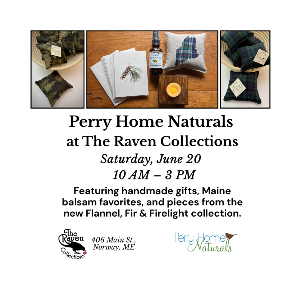 Advertisement for Perry Home Naturals event at The Raven Collections with product images and event details.