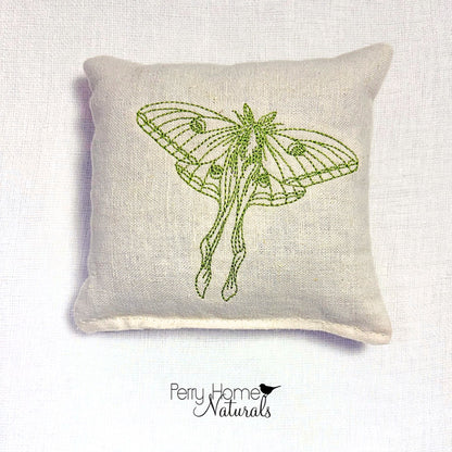 Luna Moth in Light Green Embroidered Linen Sachet