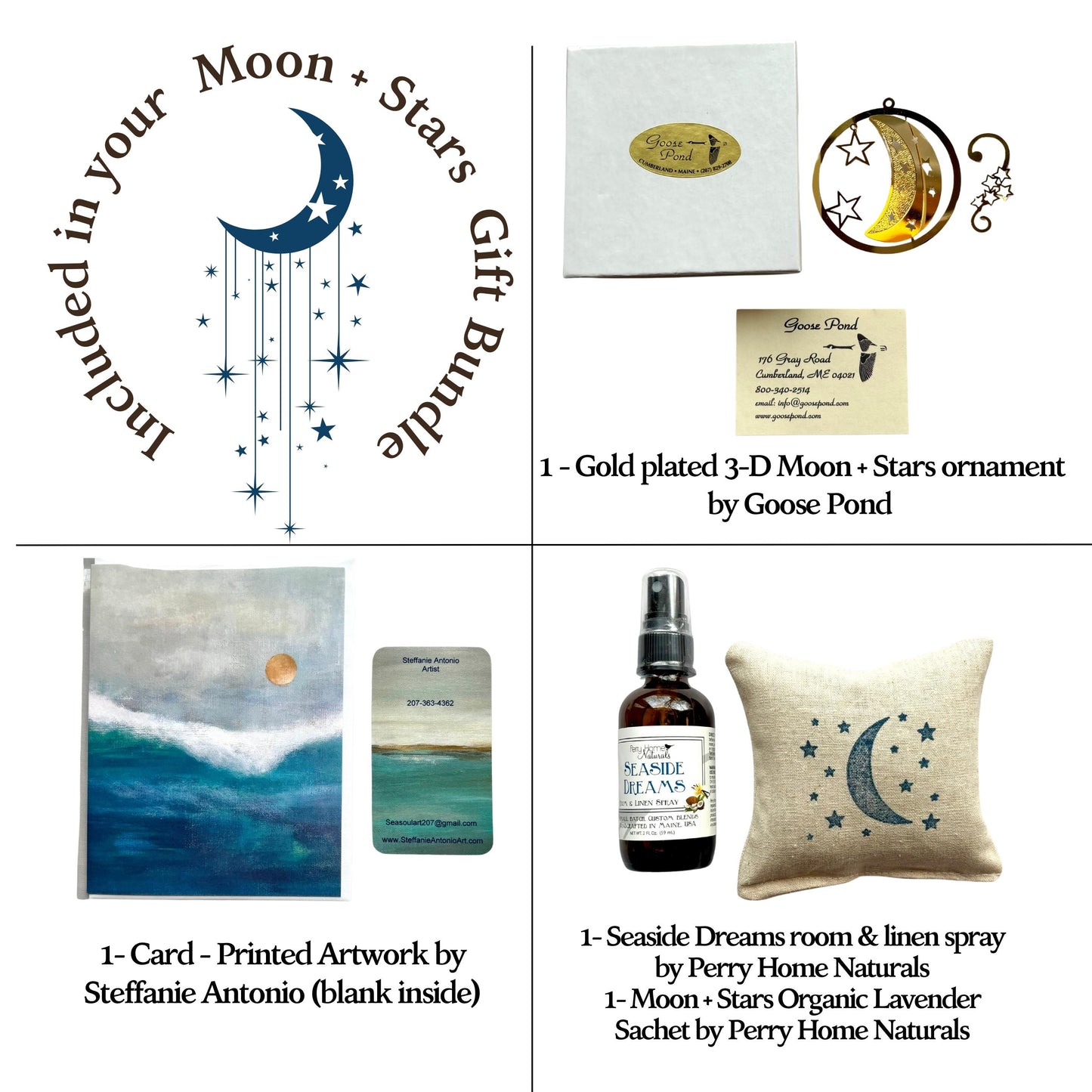 Moon + Stars Gift Bundle - Ornament, Printed Art Card, Sachet & Room Spray