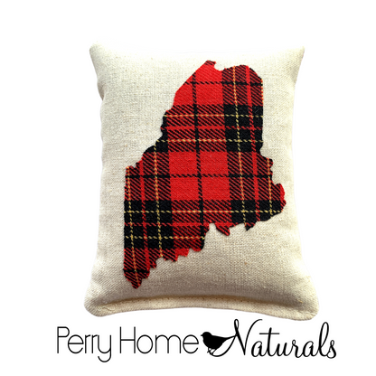Balsam Fir Pillow with Assorted Applique Designs in Red Holiday Plaid Twill