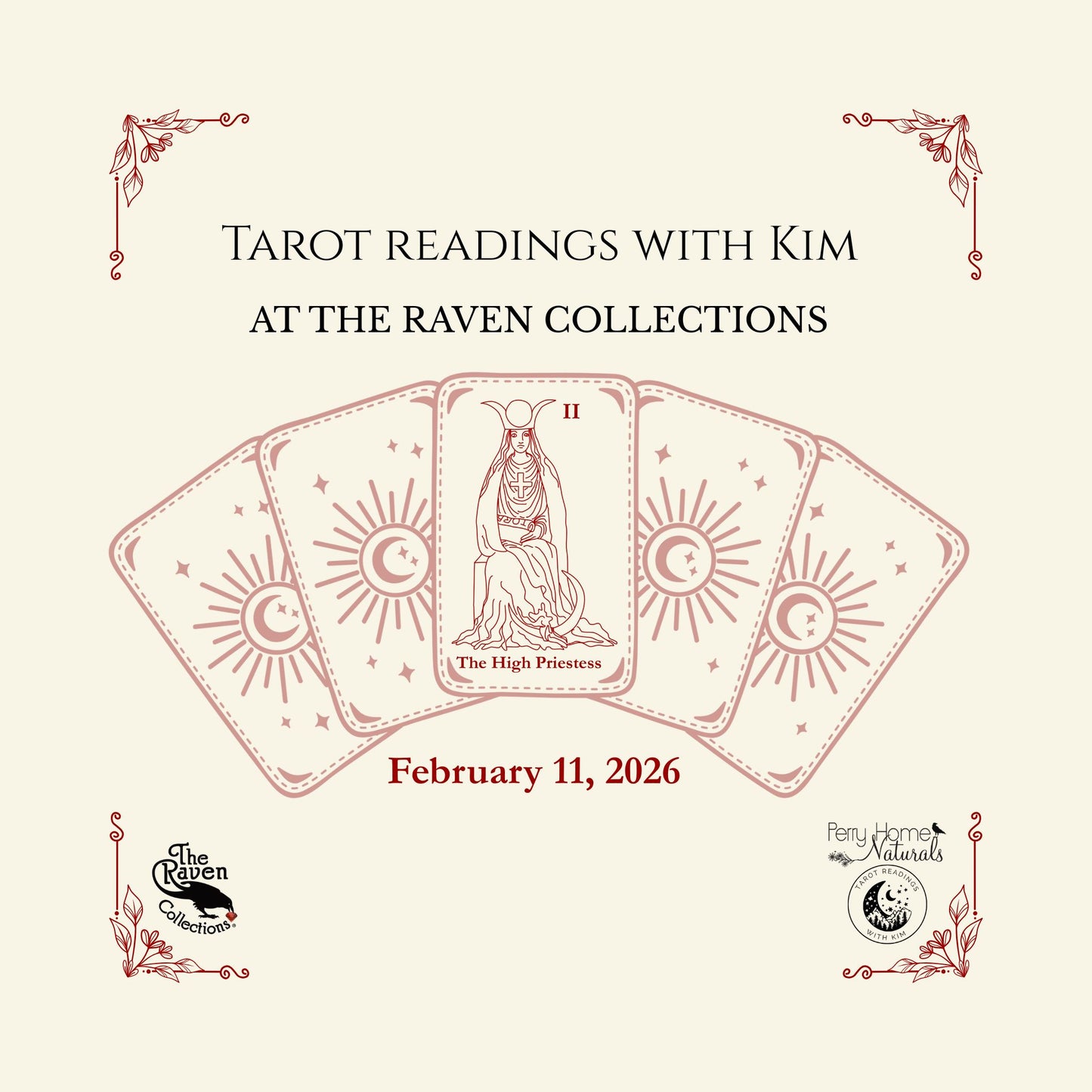 Promotional flyer for tarot readings with Kim at The Raven Collections featuring tarot card design.