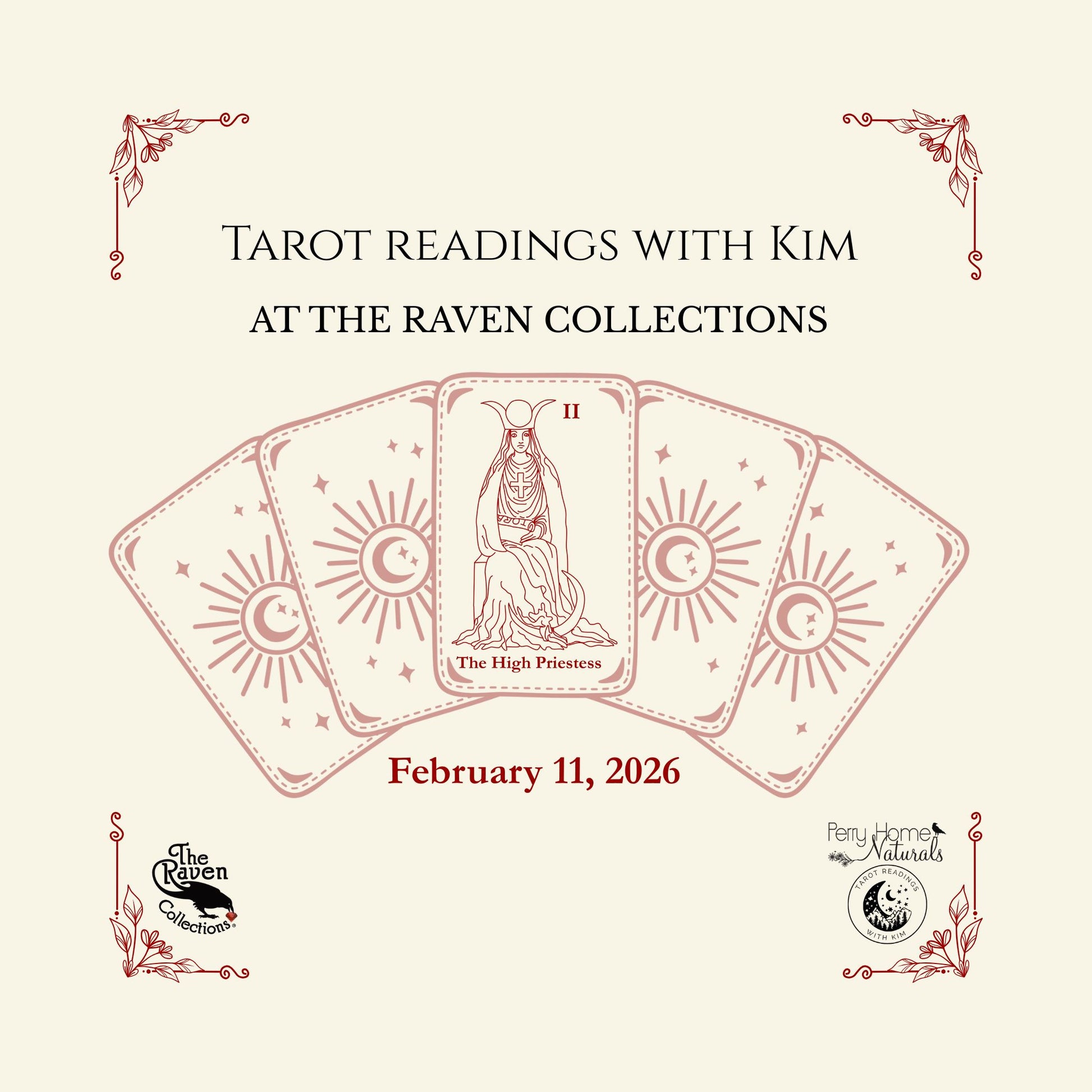 Promotional flyer for tarot readings with Kim at The Raven Collections featuring tarot card design.