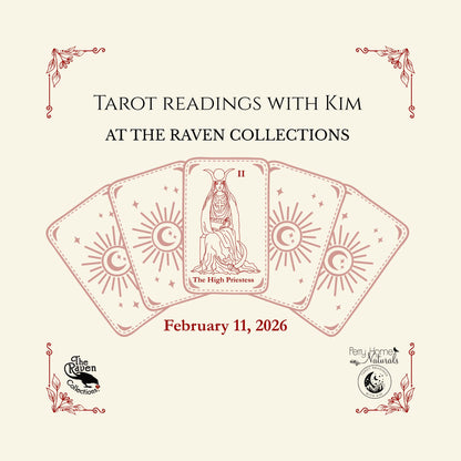 Promotional flyer for tarot readings with Kim at The Raven Collections featuring tarot card design.