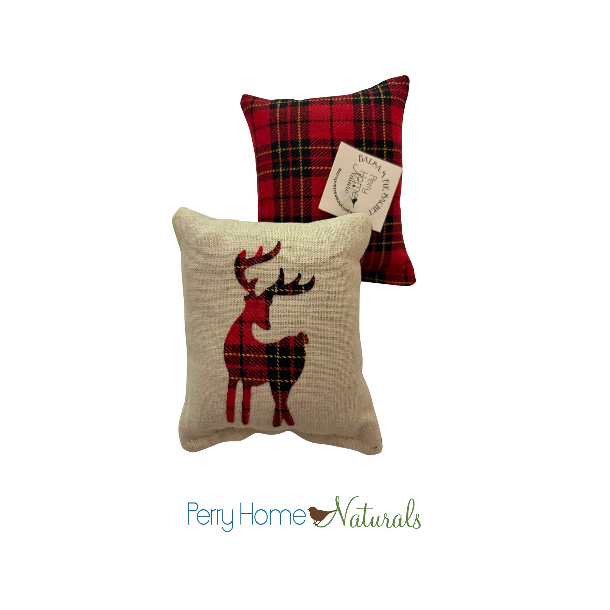 Two decorative balsam sachets, one with a red plaid pattern and the other with a deer design, on a white background. Brand 'Perry Home Naturals' visible.